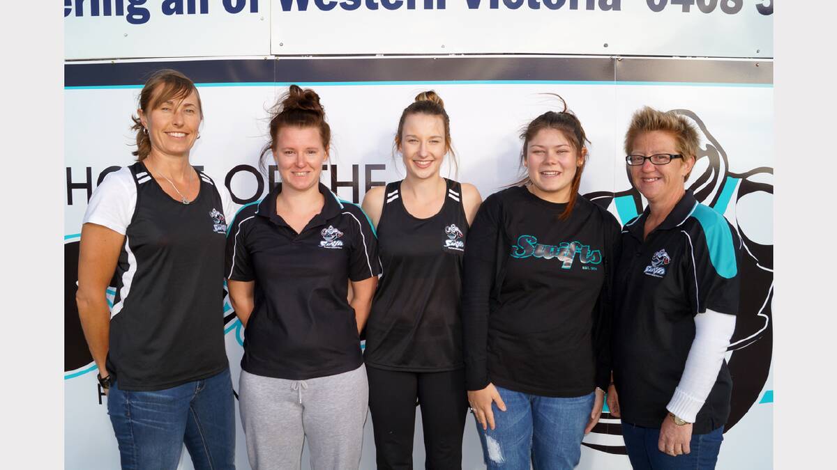 The CKS Swifts netball coaches L-R Mel Beal, Kristy Yole, Emily Patterson, Briana Close and Naomi Hoffman.