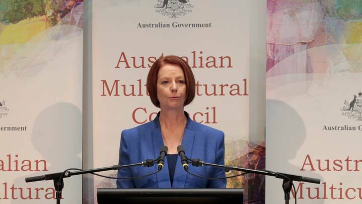Prime Minister Julia Gillard introduces Frank Lowy at the Australian Multicultural Council lecture at Parliament House Canberra on 19 September 2012.