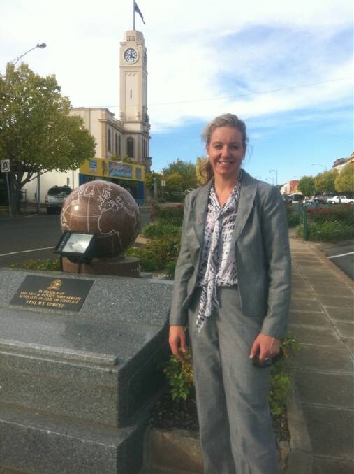 The Nationals Senator for Victoria, Bridget McKenzie, is pictured at the cenotaph in Stawell with the historic Town Hall clock in the background. Ms McKenzie fell in love with Stawell during her visit.