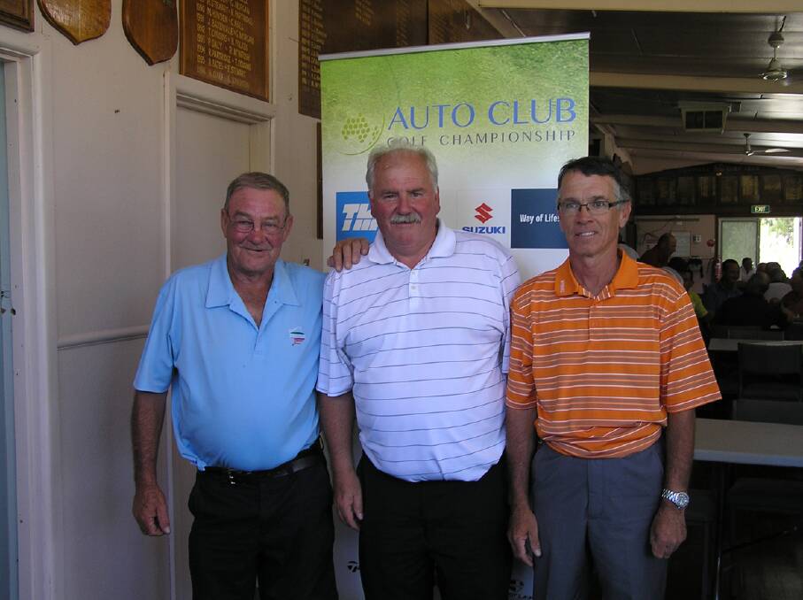 RACV Challenge winners at the Stawell Golf Club - Daryl Clayton (left) and Max Waters (right) with Champion Sport's Peter Shaffer, organisers of the RACV Challenge. 