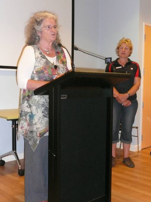 Grampians Community Health chief executive officer Jill Miller addresses the gathering at one of the community meetings in Stawell. 
