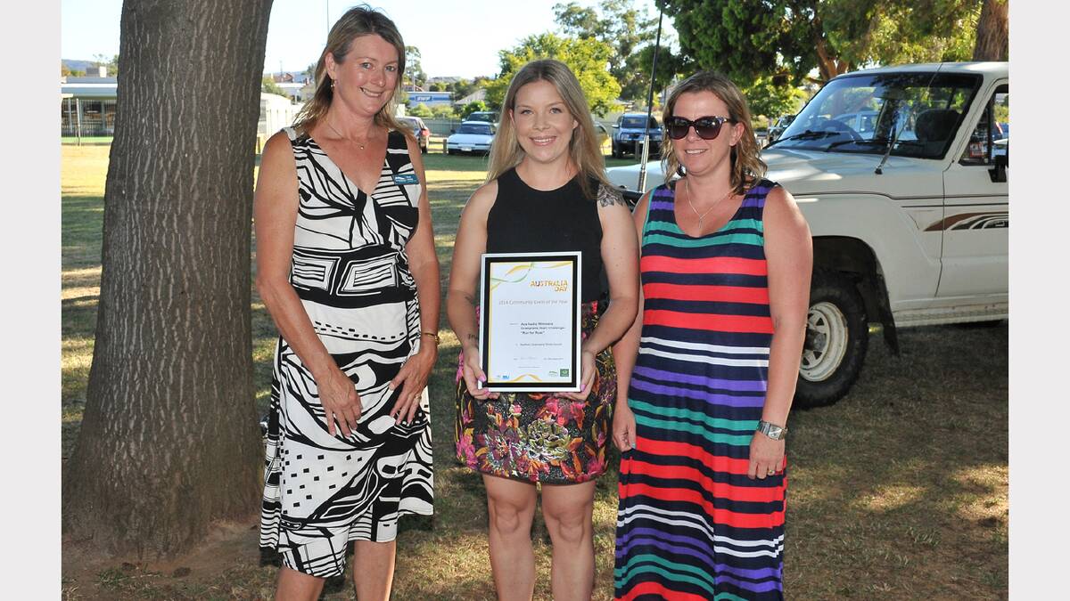 Northern Grampians Shire Councillor, Karen Hyslop, makes the presentation for the Community Event of the Year award to Jackie Peacock and Nicki Sampson. Picture: MARK McMILLAN.