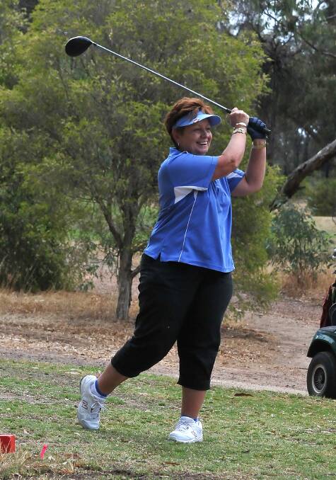 Judy Clayton tees off at the Stawell Golf Club. Clayton combined with Eunice Balle to win last week's pinehurst event. Picture: MARK McMILLAN. 