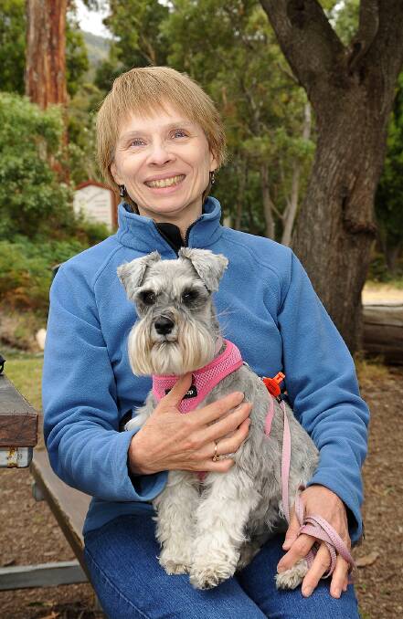 Fiona Bolton and Mitzi the miniature Schnauzer are pictured during their visit to Halls Gap. Picture: KERRI KINGSTON. 