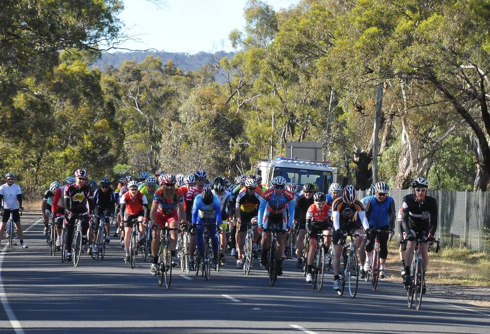 Some of the 180 riders that registered to saddle up alongside Joel Nicholson as part of the third annual Grampians Wildflower Ride in November. Picture: MARK McMILLAN.