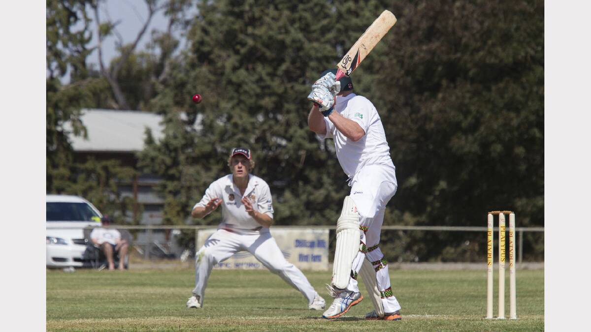 Tatyoon batsman Andrew Marx watches anxiously as the ball flies in the air towards Swifts Great Western gully fieldsman Jackson Dark during the grand final. Dark took the catch to dismiss Marx for 11 runs in Tatyoon's first innings total of 181.