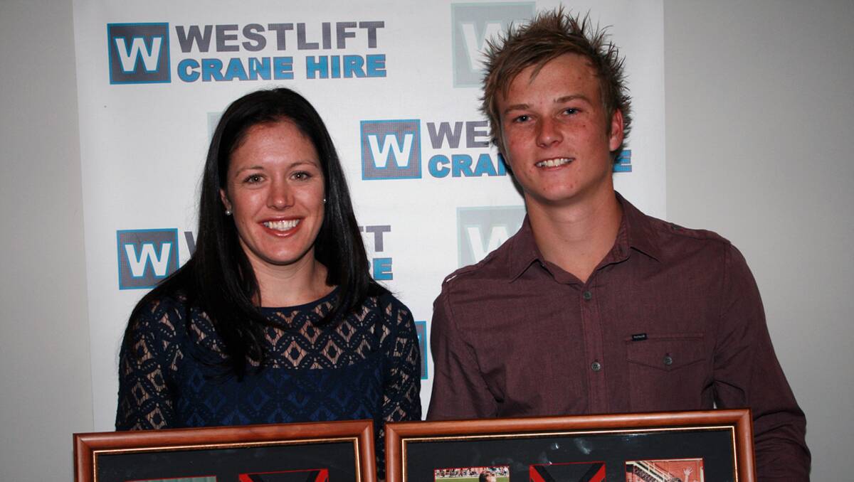 Stawell’s senior best and fairest winner, Tom Eckel (right) is pictured at the club’s presentation evening with A grade netball best and fairest Jemma Clarkson. Both Eckel and Clarkson, who took on leadership roles at the club, enjoyed a solid 2013 season on the football field and netball court. Picture: PETER JENKINS