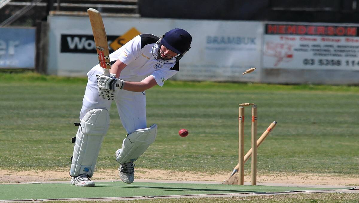 The stumps fly as Pomonal's Matthew Grinham is bowled by Youth Club's Steve Le Gassick on Saturday at North Park.