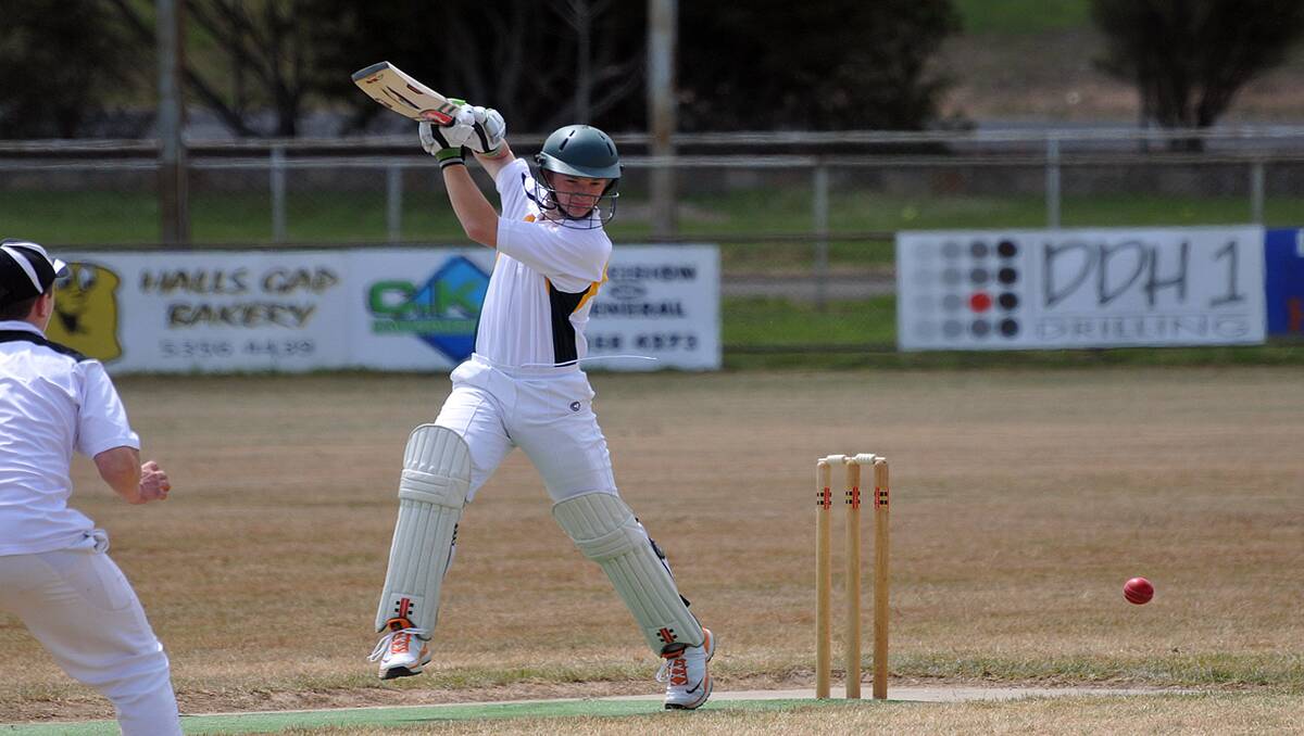 Talented young Navarre batsman Tom Hannett was on the back foot to play this shot through the off side in the C grade clash against Halls Gap last Saturday. Hannett scored nine runs before being run out, in the Navarre win. Picture: MARK McMILLAN 