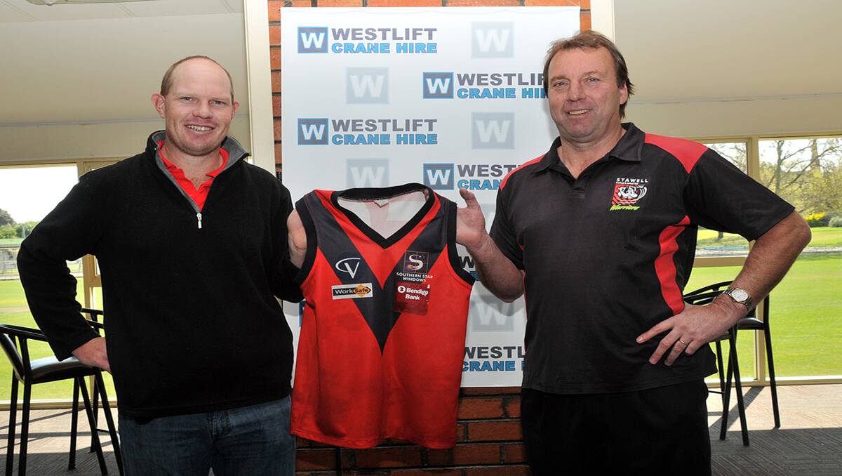Newly appointed Stawell Westlift Warriors coach Tim Seymour, is welcomed by club president John Griffiths. Picture: KERRI KINGSTON