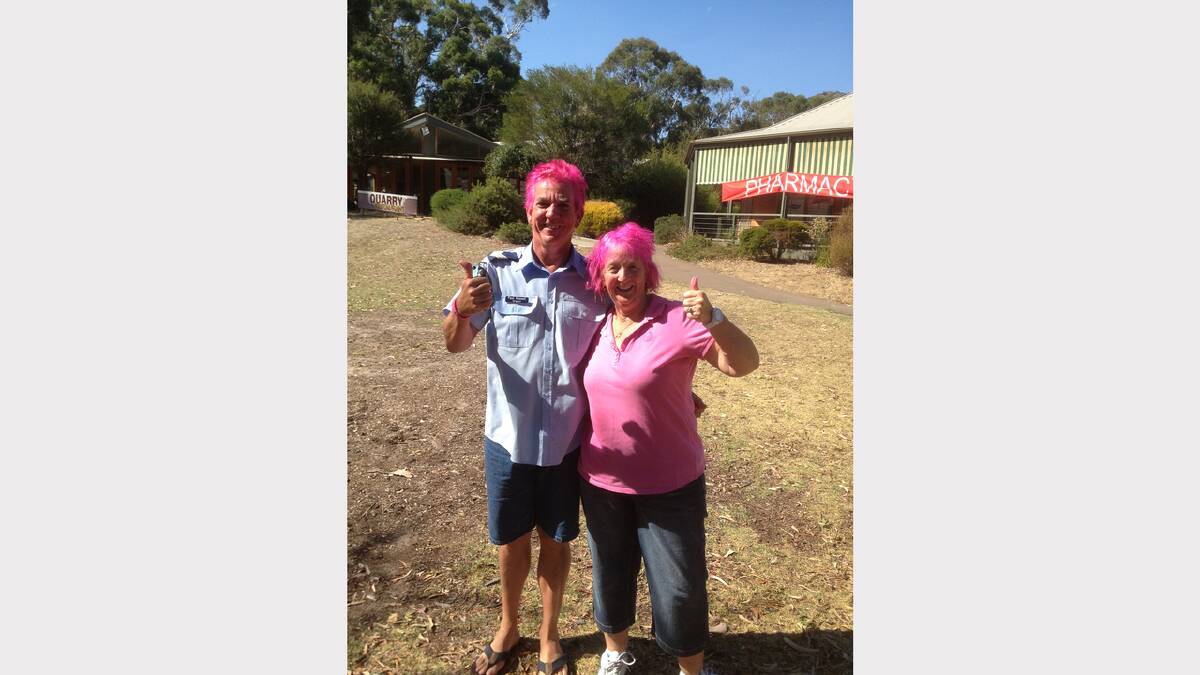 Halls Gap Police Sergeant Paul Russell and event organiser Marianne Mitchell who had their hair coloured pink last week.
