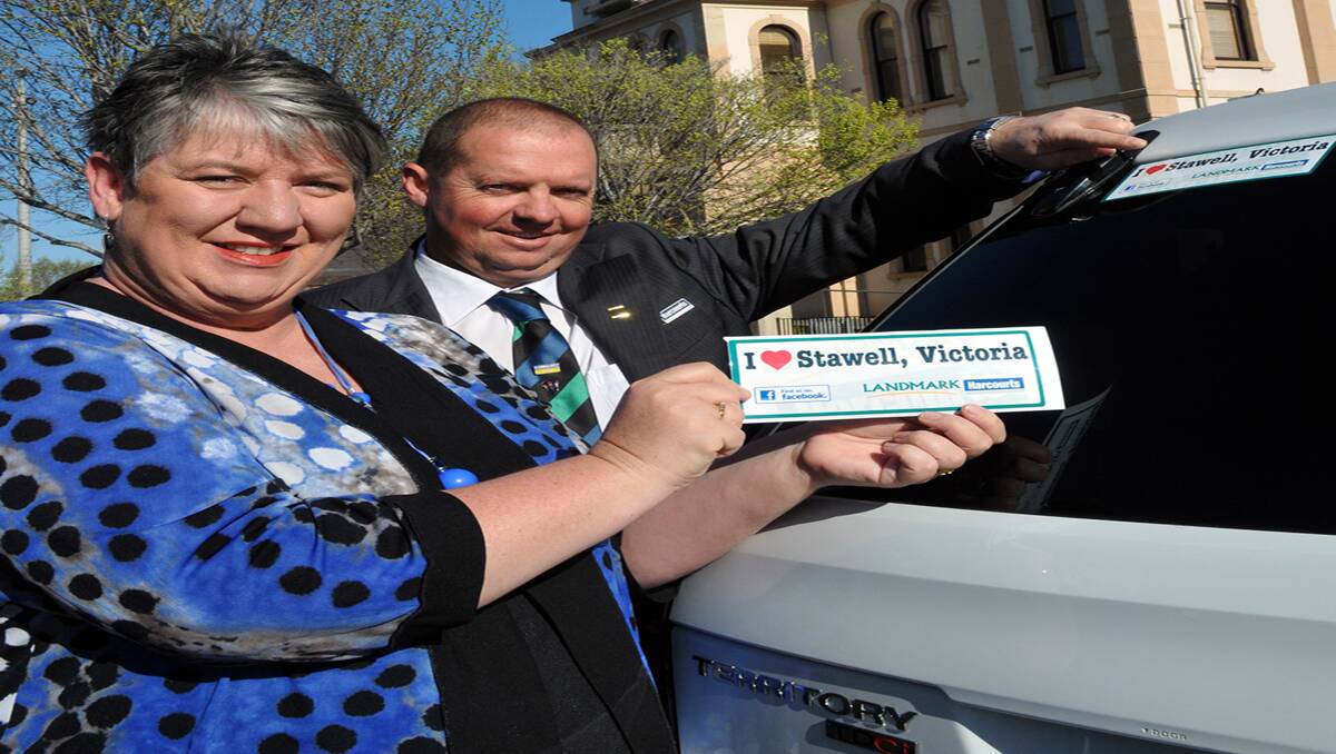 A new I Love Stawell campaign has been launched, with the aim being to promote all the benefits there are of living in Stawell. Pictured launching I Love Stawell, which will be driven through social media site Facebook, are Northern Grampians Shire chief executive officer, Justine Linley and Bruce McIlvride from Landmark Harcourts Stawell. Picture: KERRI KINGSTON