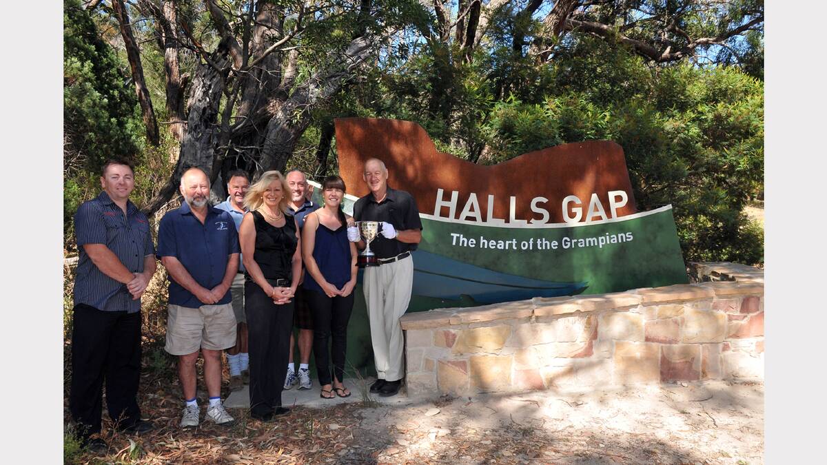 Pictured gearing up for the Halls Gap Cup are Stawell Racing Club Operations Manager Penny Penfold (second from right) with sponsors L-R Gavin Hogan, Stephen Odgers, David Sears, Leigh and Steve Johnston and Geoff Watts.
