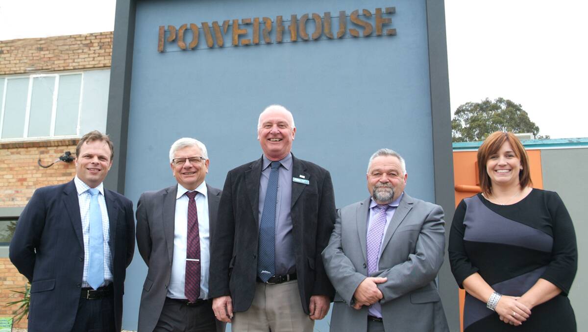 Member for Western Victoria, David O’Brien, Member for Ripon, Joe Helper, Northern Grampians Shire Mayor, Cr Wayne Rice, former chief executive officer of Stawell Intertwine Services, Bernie O’Connor and current chief executive Kathryn Clayton, celebrate the opening of the new Powerhouse facility in Sloane Street. The Powerhouse has been more than six years in the making. 