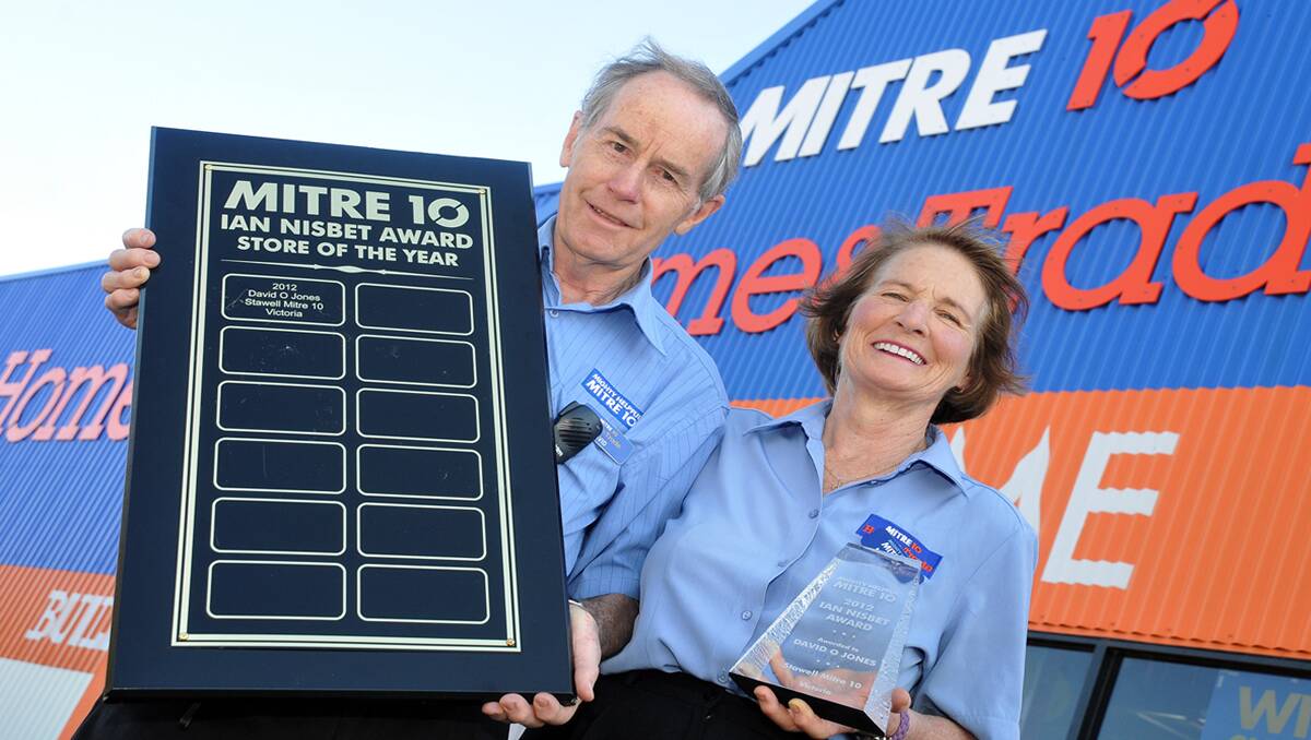 David and Margaret Jones from David O Jones Mitre 10 in Stawell are pictured with their Ian Nesbit Store of the Year award. The store claimed the award at the annual conference on the Gold Coast. Picture: KERRI KINGSTON