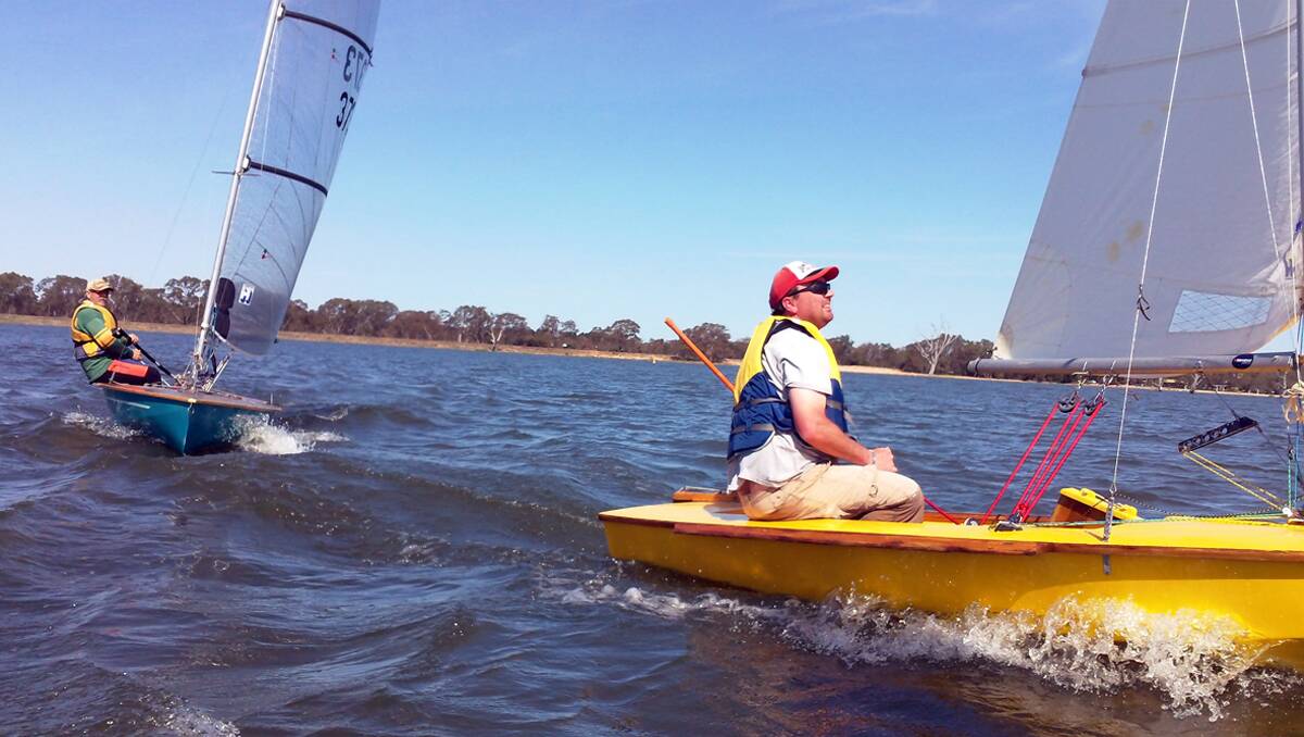 Stawell Yacht Club skippers Peter Mullenger (left) and Johno Knight on the water at Lake Fyans. 