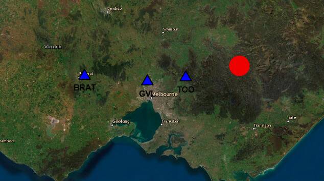 TREMOR: A satellite map of Victoria, with the epicentre located in Mansfield. Picture: GEOSCIENCE AUSTRALIA