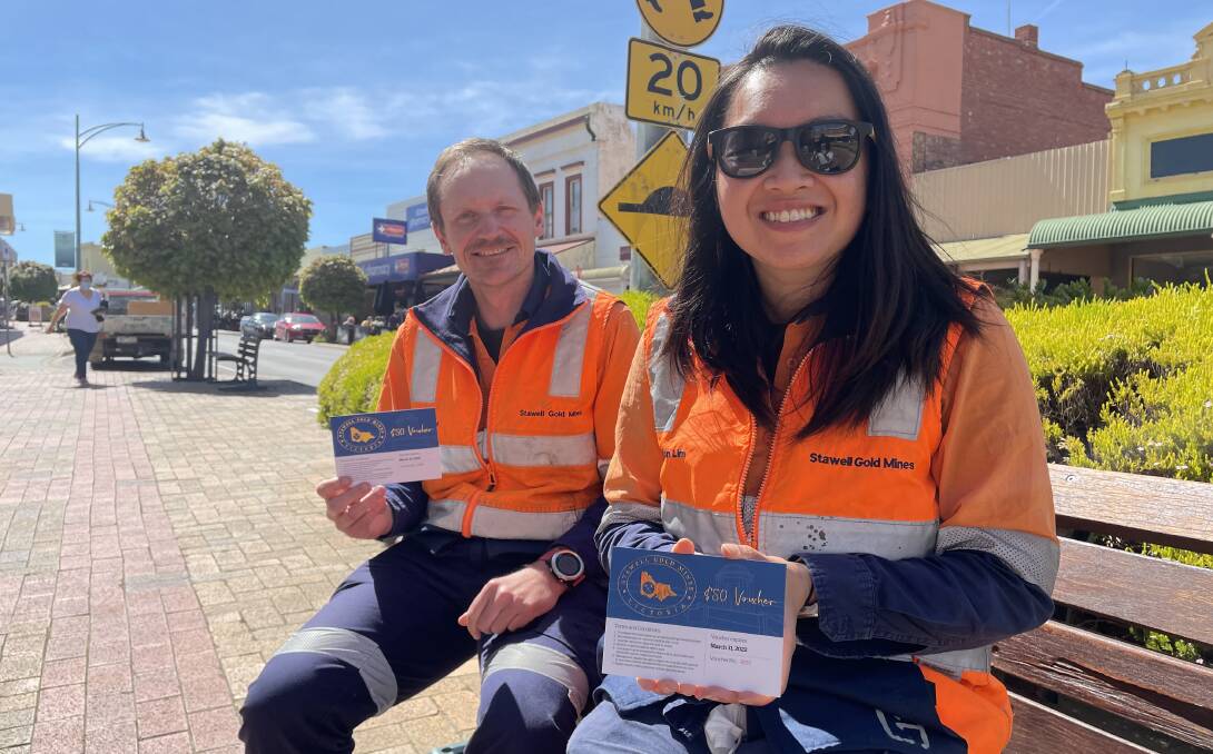 VOUCHERS: Stawell Gold Mine's Health, Safety, Environment and Community (HSEC) manager David Coe and HSEC Advisor Yan Lim with vouchers ready for their staff. Picture: TALLIS MILES