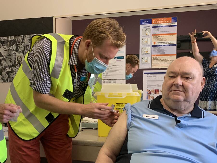 FIRST: Phillip was the first resident of Stawell to be given a COVID-19 vaccine on Friday. Picture: TALLIS MILES