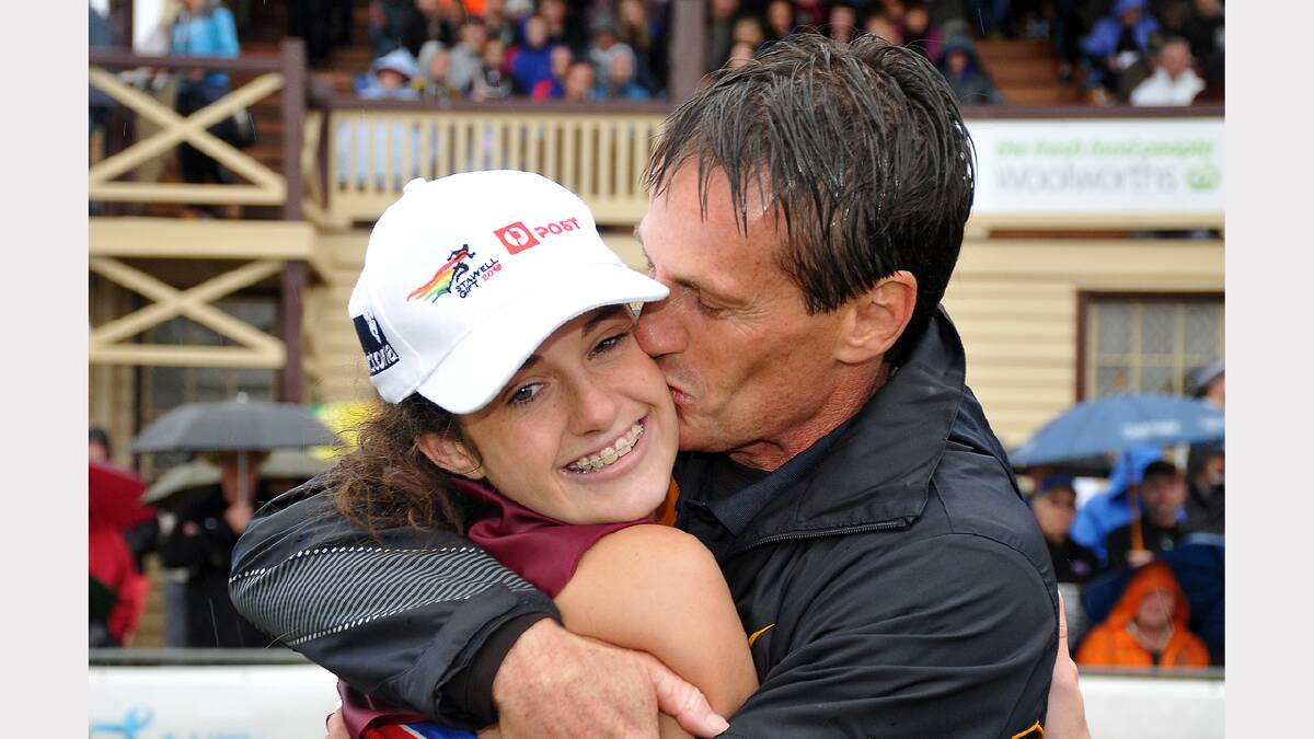 HALL OF FAME: Stawell Gift Hall of Fame inductee Peter O'Dwyer with his daughter Grace, after he helped coach her to victory of the Australia Post Women's Gift. Picture: FILE.