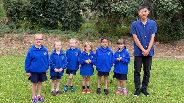 NEW: Halls Gap Primary School and teacher Mr J, welcomed new Foundations pupils Dakota (left), Orla, Thomas, Maggie, Sahib and Nilah. Picture: CONTRIBUTED