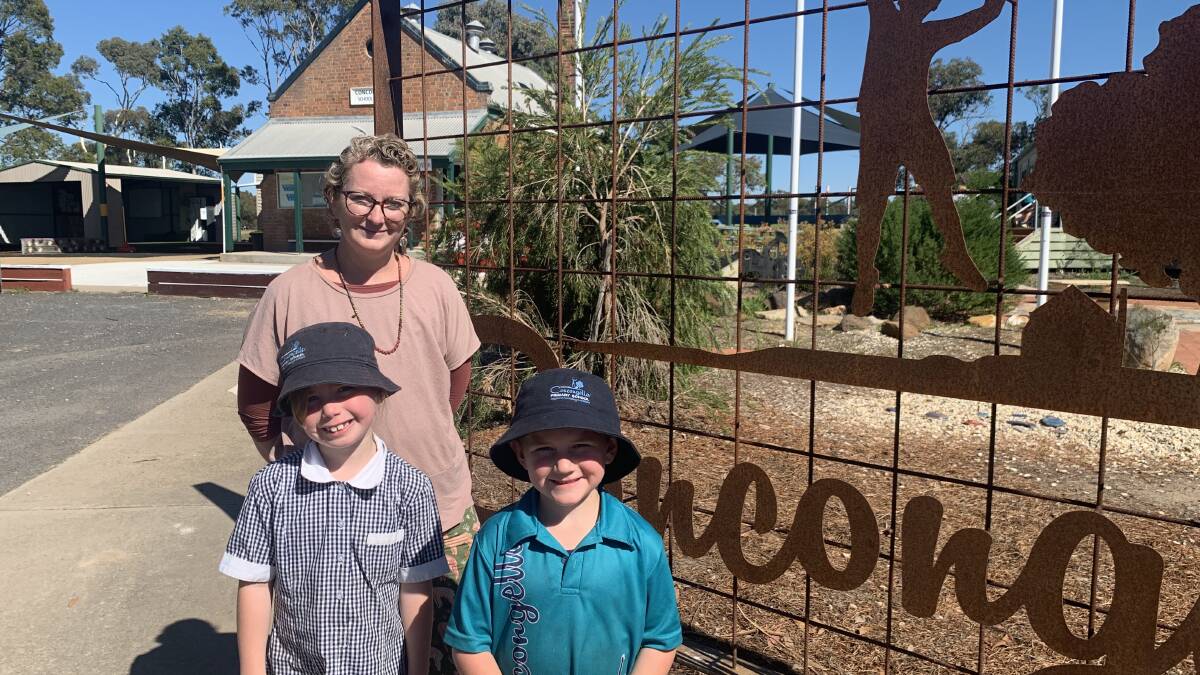 HELPING HAND: Concongella Primary School are celebrating their 150th birthday in 2022 and Grade One student Hazel (left) and principal Kristie Miller and Foundation student Ted want some help organising it. Picture: TALLIS MILES