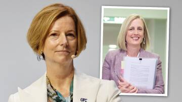 Former prime minister Julia Gillard has gone into bat for Senator Katy Gallagher (inset). Pictures: AAP