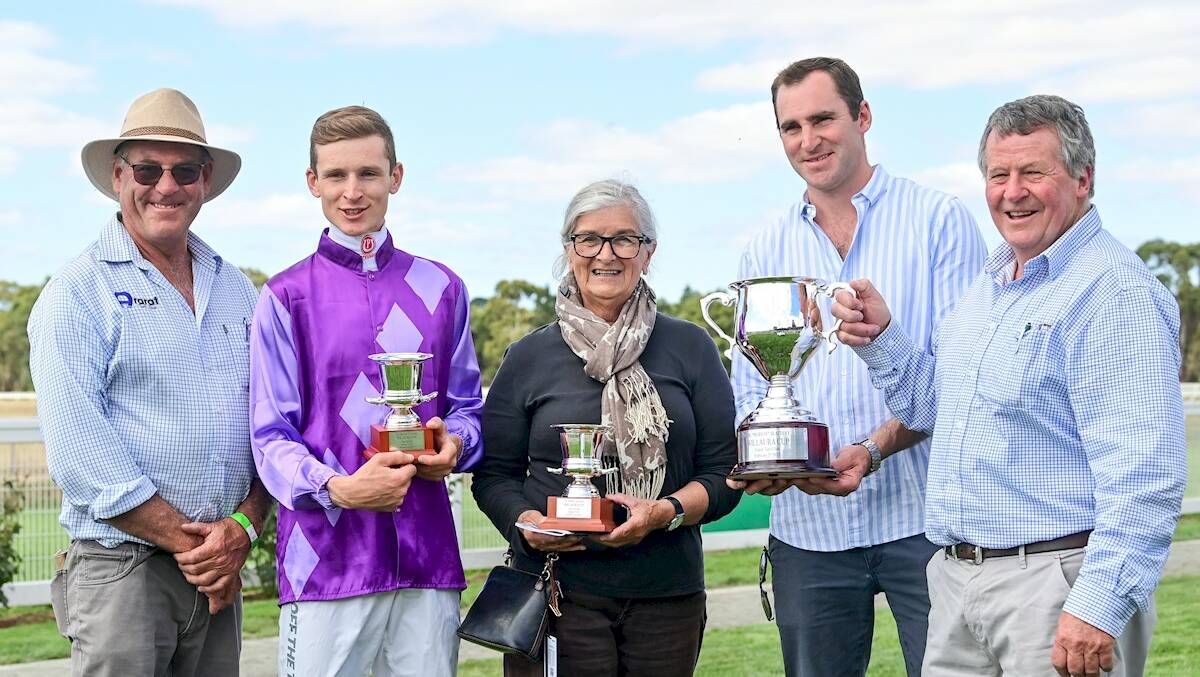 Chairman Bruce McDougall, Jockey Will Gordon (NZ), Owner Marg Lucas, Trainer Archie Alexander, & Sponsor Bill Slattery pictured after Mr French wins the T.M. 'Murray' Slattery Willaura Cup at Ararat Racecourse on February 05, 2023. Photo Credit: Brendan McCarthy Pacing Photos