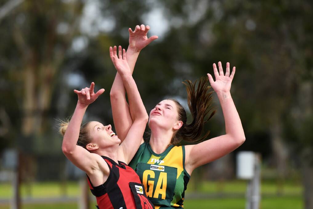 Lisa Fleming and Olivia Beugelaar contest a high pass during the round 13 WFNL match at Dimboola Recreation Reserve. Picture by Lucas Holmes