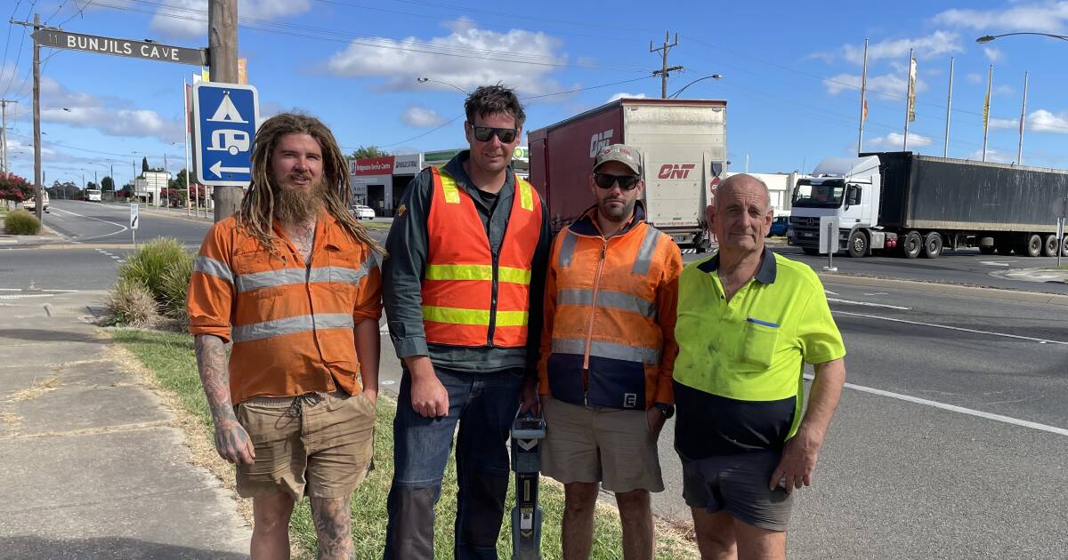 Dillon from Shea Earth and Water, Nathan from R and R McClure, Josh Enochsivil from Enoch and Norm Sage from One Stop Steel preparing for works at the Western Highway and Seaby Street intersection in Stawell
