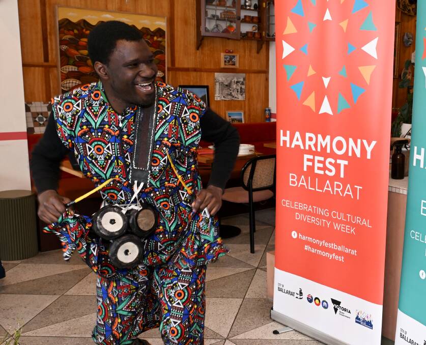 Oluwatobi Akanbi performed omele bata drum at the Launch of Ballarat's Harmony Fest 2024. Picture by Lachlan Bence