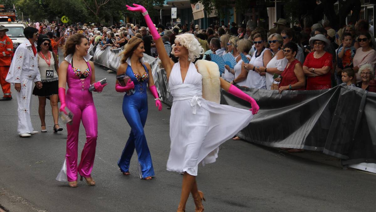 Marilyn Monroe steps out during the Parkes Elvis Festival street parade. 