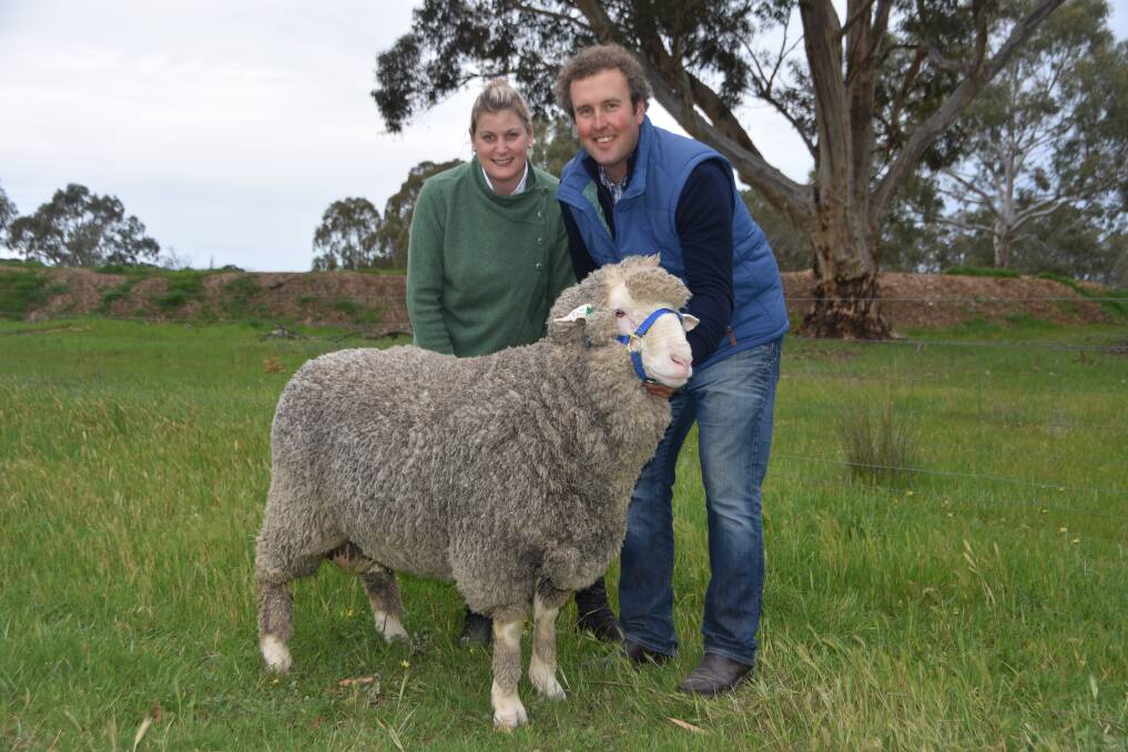RESULT: Kate and Trent Carter with the top-priced ram at last week's on-farm Wallaloo Park ram sale at Marnoo.
