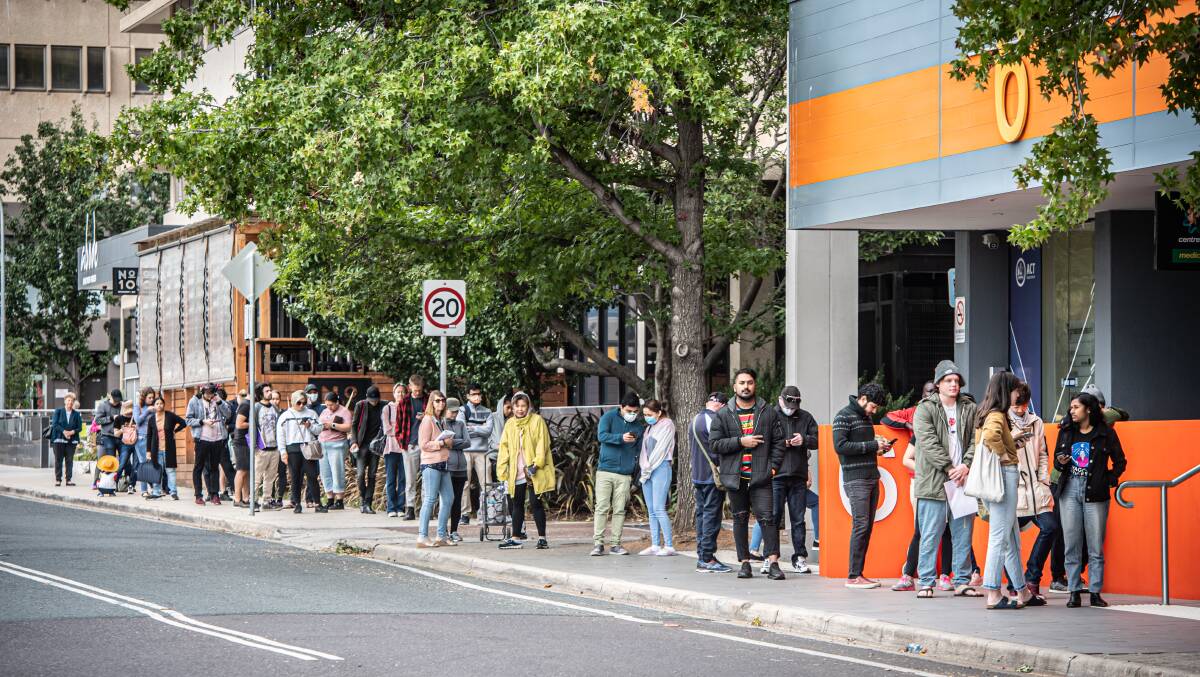 Long queues formed outside of Woden Centrelink this week. Picture: Karleen Minney