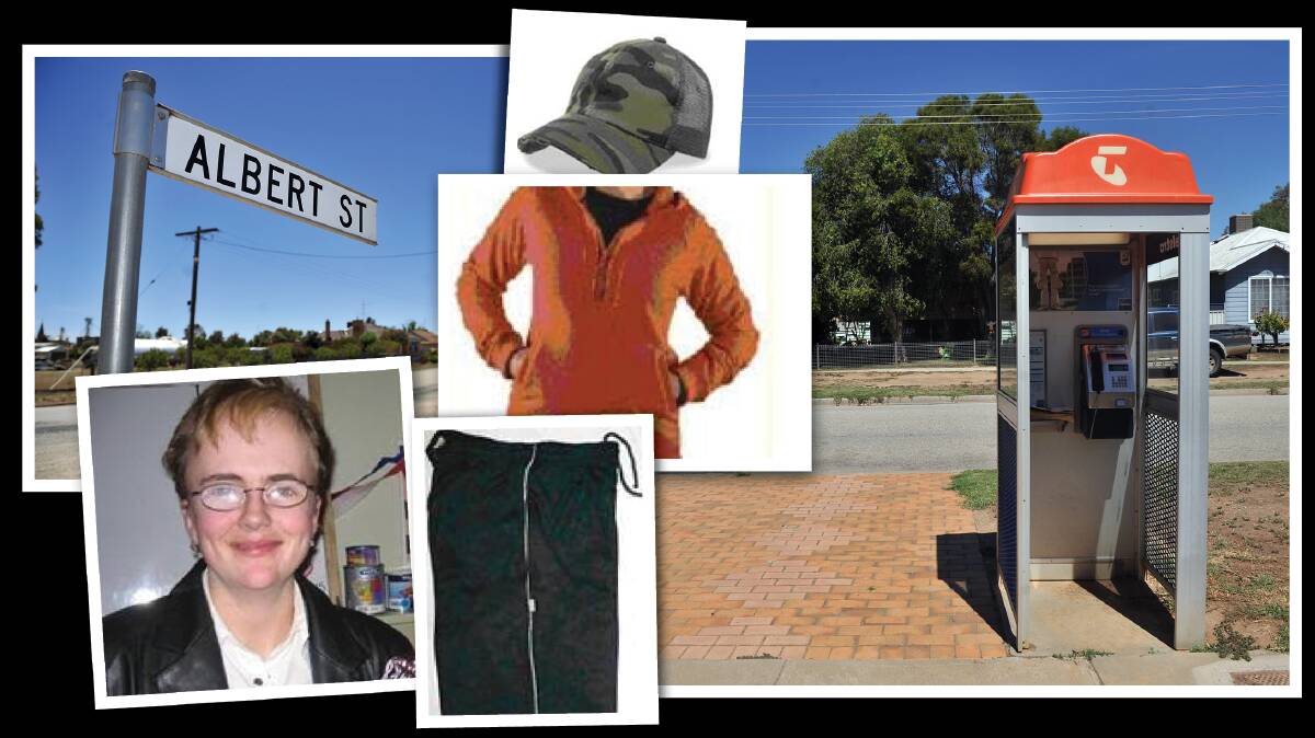 FROM TOP LEFT: 1. Albert Street, Pyramid Hill, in December 2009. Picture: ALEX ELLINGHAUSEN 2. Krystal Fraser. Picture: SUPPLIED 3.Items of clothing similar to those worn when Krystal Fraser was last seen on June 20, 2009. Pictures: VICTORIA POLICE 4.The phone booth outside a Leitchville post office where the last recorded call to Krystal Fraser's mobile phone was placed. Picture: ALEX ELLINGHAUSEN