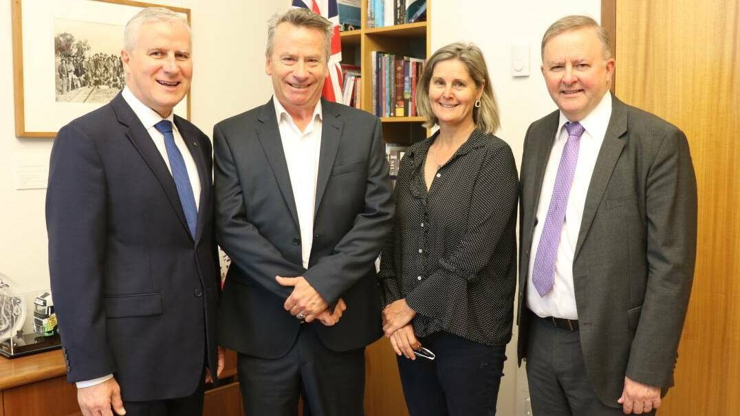 A community win: Deputy Prime Minister Michael McCormack, South Coast Register and Bay Post editors John Hanscombe and Kerrie O'Connor and Shadow Infrastructure Minister Anthony Albanese 