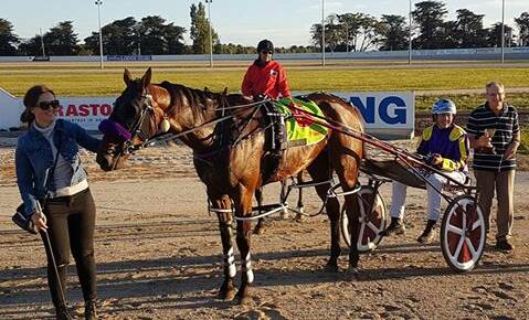 Victory: Kate Hargreaves with Drayton and driver Alex Ashwood after winning the Gammalite Cup. Picture: Terang Harness Racing Club