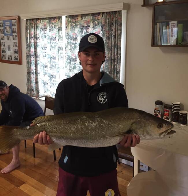 LANDED ON CRAB: Aiden Gordon with his mulloway that measured 94cm. Picture: SUPPLIED 