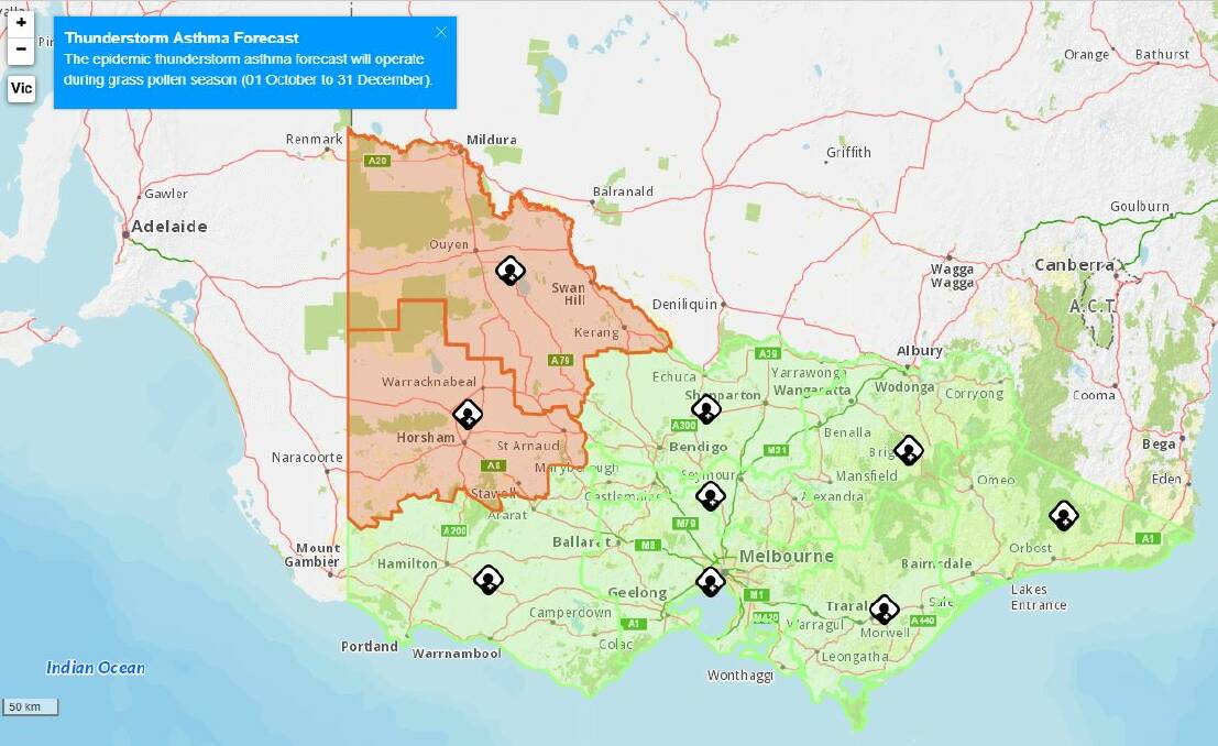 ASTHMA UPDATE: A moderate warning for thunderstorm asthma is in place for the Wimmera and Mallee for November 10. Image: VIC EMERGENCY APP