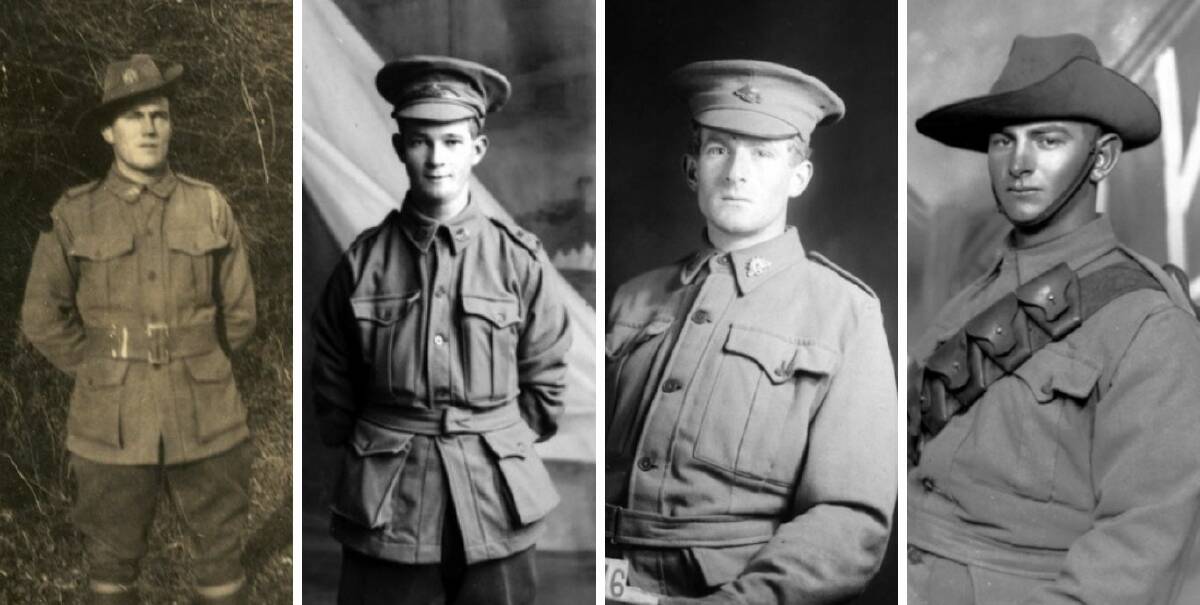 STAWELL BOYS OFF TO WAR: (from left) Private Ernest Vawdrey Phillips, Private William George Smith, Private Edward Yarram Winchelsea Simmons, Private John Raymond Newton. Pictures: Australian War Memorial/Trove