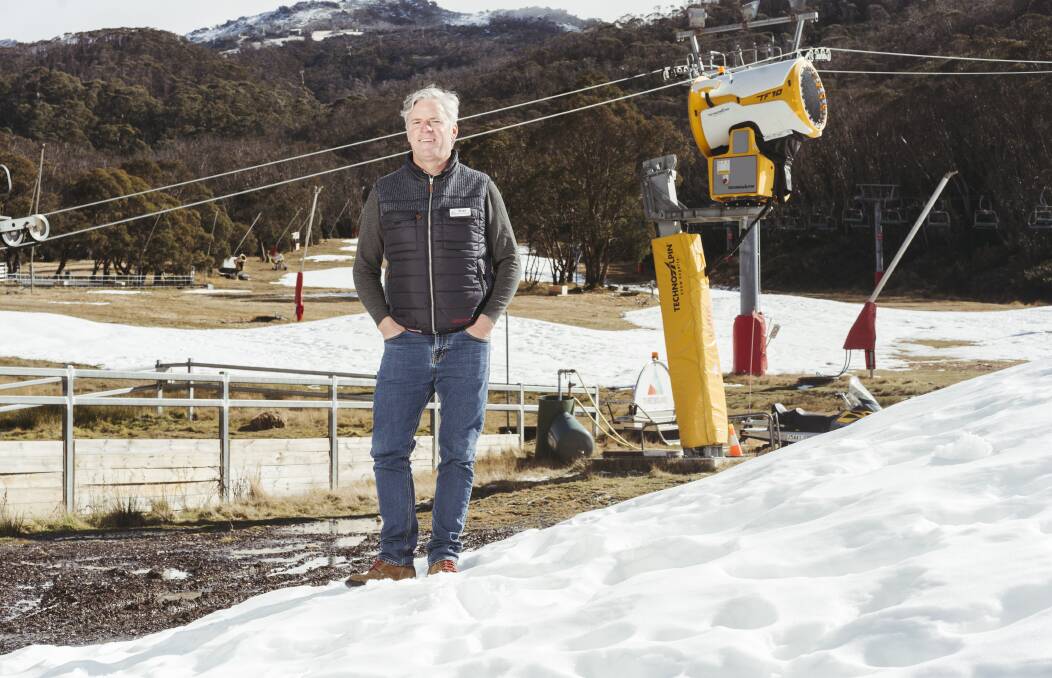 Thredbo general manager Stuart Diver on one of the "whales" of man-made snow which will be spread out soon in readiness for the coming season start on June 12. Picture: Dion Georgopoulos