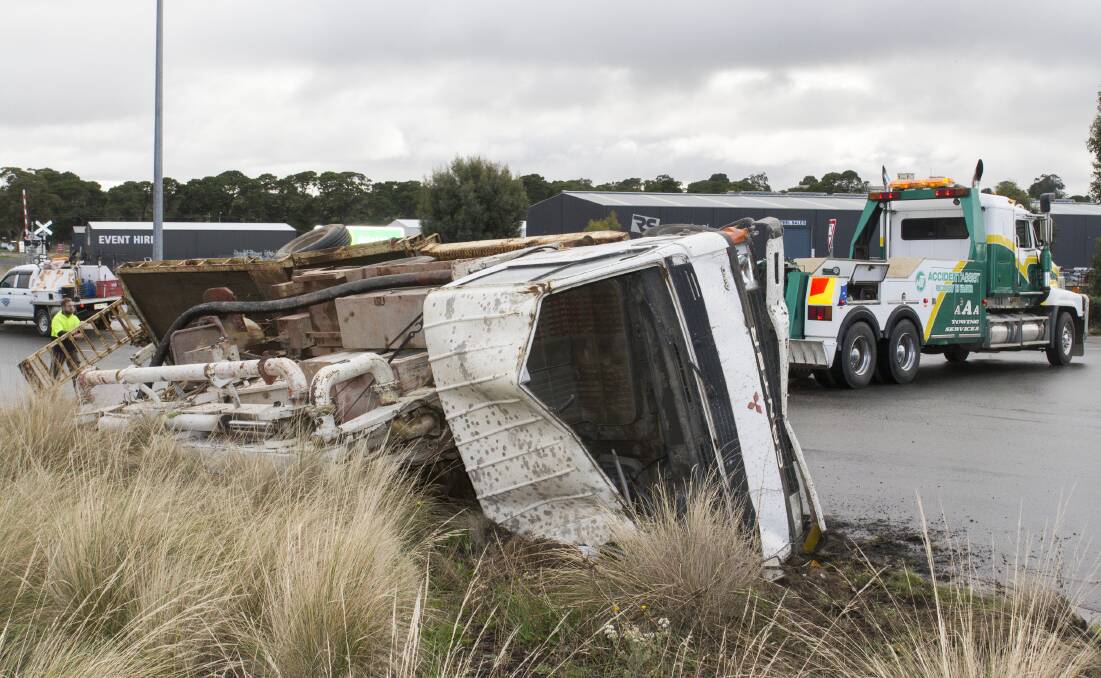 DAMAGED: The truck was carrying a load of rocks before it was involved in the accident on the eastern side of Ararat. Picture: Peter Pickering