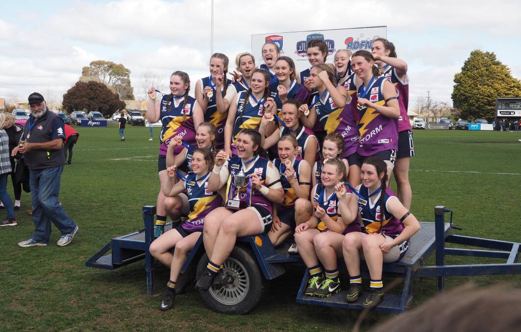 CHAMPIONS: The Ararat Storm celebrate their second youth girls premiership after defeating the Ballarat Swans at Wendouree on Sunday. Picture: David Nicholson