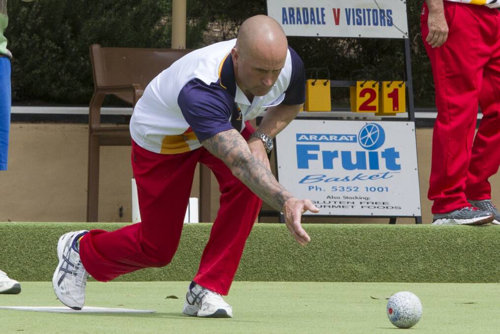 FOCUSED: Aradale Blue's Tony Campbell shows concentration during the second round of the Grampians Bowls Division on Saturday. Picture: Peter Pickering