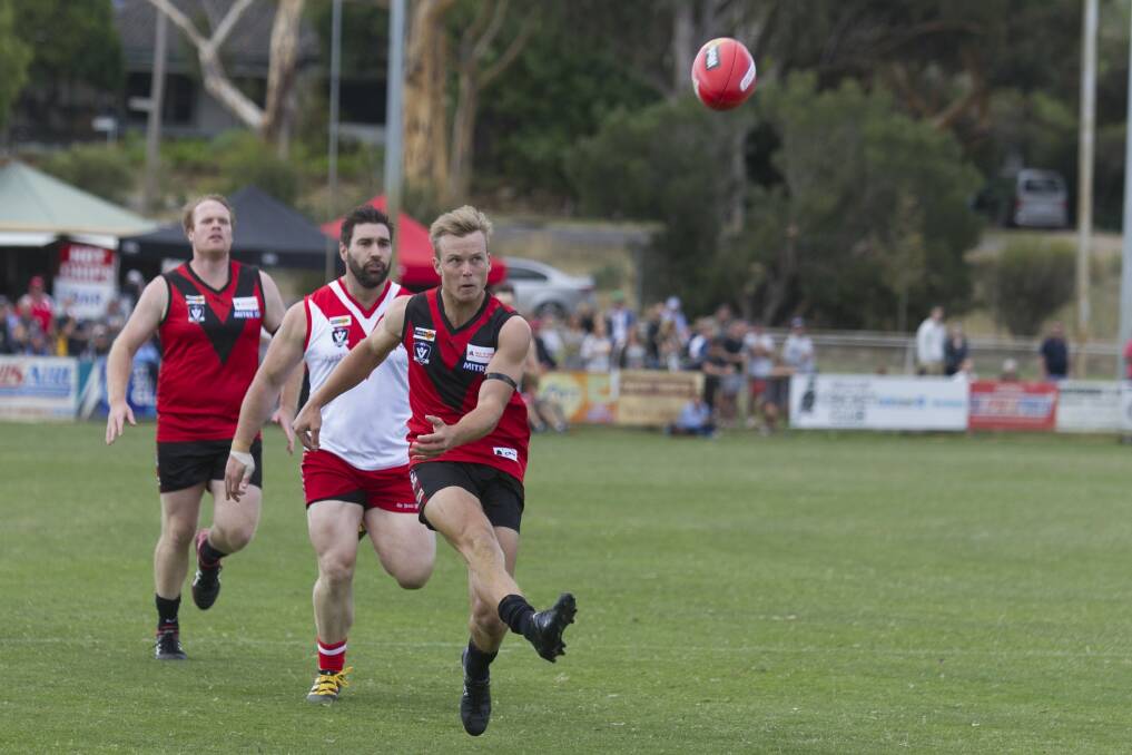 DOMINANT: Stawell captain Tom Eckel gets a kick away towards the goal during the first ever Good Friday match at North Park. Picture: Peter Pickering