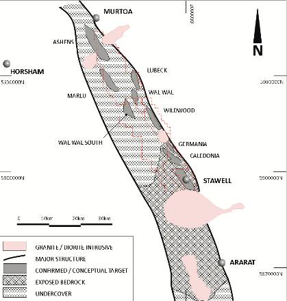 BIG POTENTIAL: The Stawell Mineralised Corridor showing the larger basalt dome structures to the north of SGMs 5Moz Magdala Dome. North Stawell Minerals' tenure is outlined in red. Picture: CONTRIBUTED