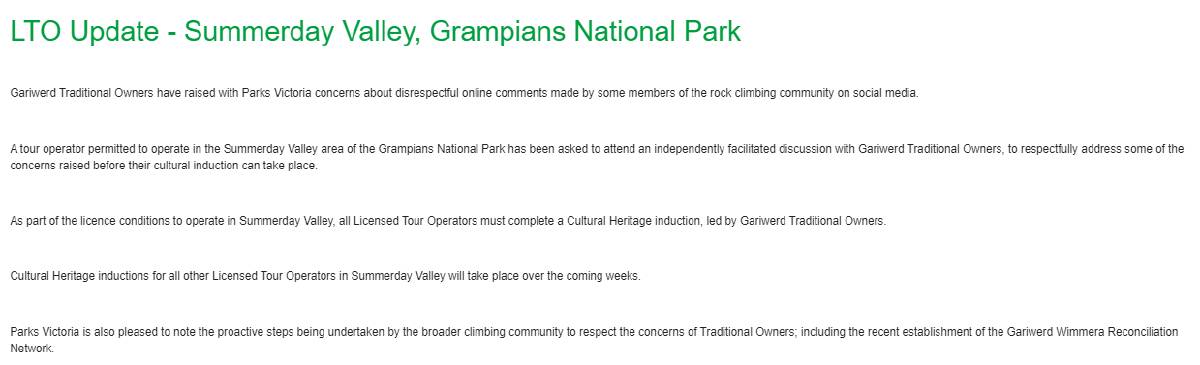 Correspondence sent from Parks Victoria to Grampians licensed tour operators on Thursday morning.