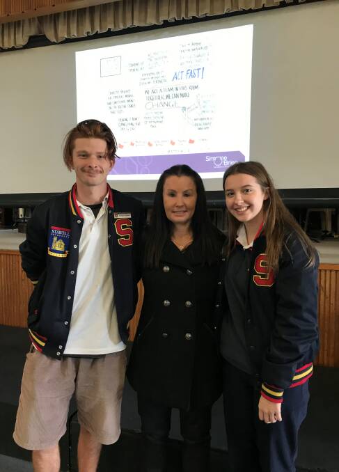 SURVIVOR: Stawell Secondary College school captains Nick Bendall and Monique Kennedy-Read with domestic violence survivor and White Ribbon advocate Simone O'Brien. Picture: CONTRIBUTED 