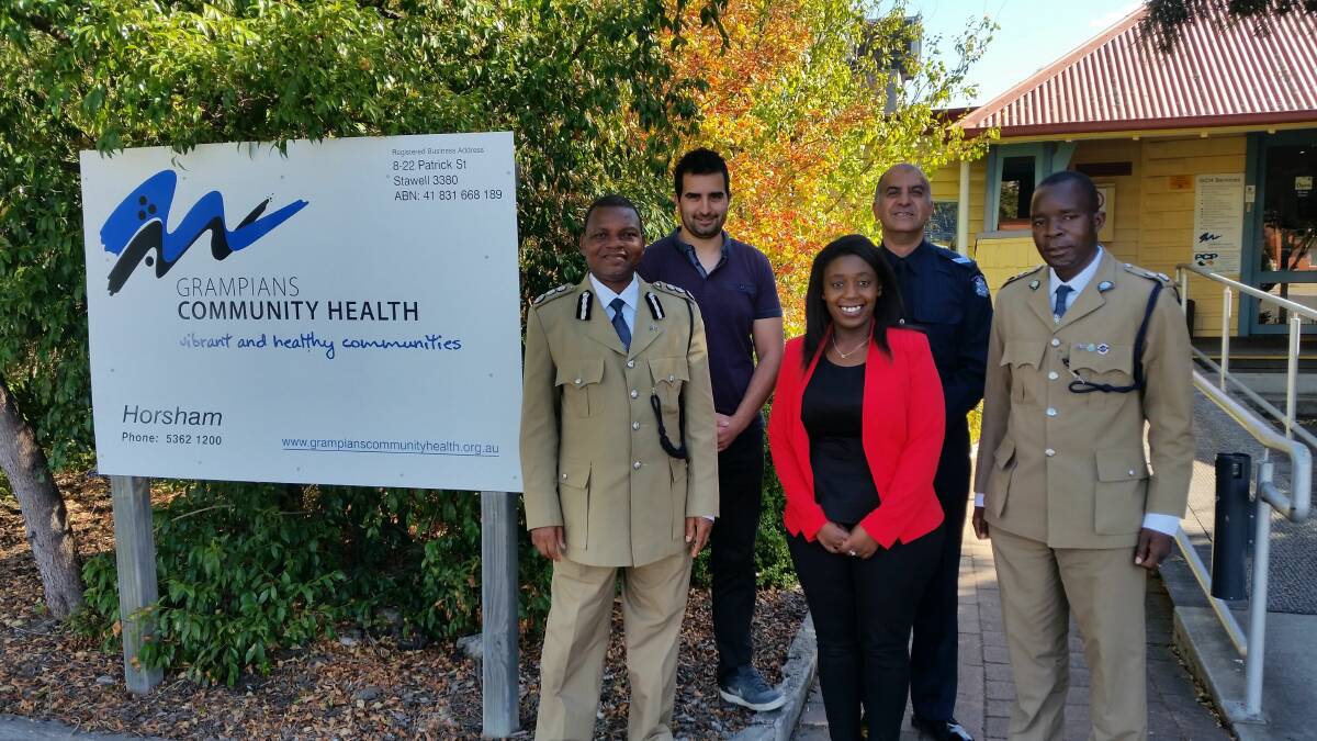 Study tour; Officials from Malawi Police Service visited Grampians Community Health as part of a study tour. Pictured - Deputy Commissioner Charles Masambuka, Grampians Community Health Drug and Alcohol manager Caleb Lourensz,  Grampians Community Health Family Violence Counsellor Rachael Sanya, MPS Senior Constable Lourensz and MPS Senior Superintendent Steve Likhucha. Picture: supplied. 