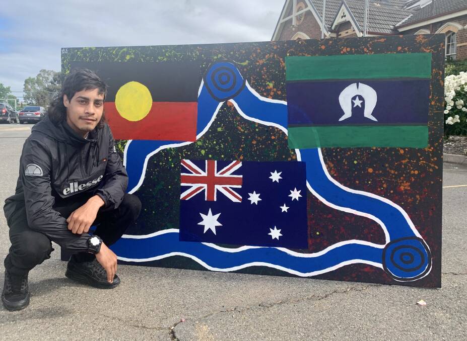 Deadly: Stawell Secondary College Year 12 students Albert Eldridge with his Reconcilliation-ispired painting. Picture: BEN FRASER